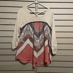 Jolt Womens XL Mixed Media Boho Top Coral Paisley Chevron Strappy 3/4 Sleeve